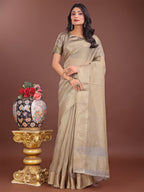 Shree Shyam Fashion Elegant Beige Linen Saree with Golden Zari Border & Rich Pallu | Soft Drape | Festive & Office Wear