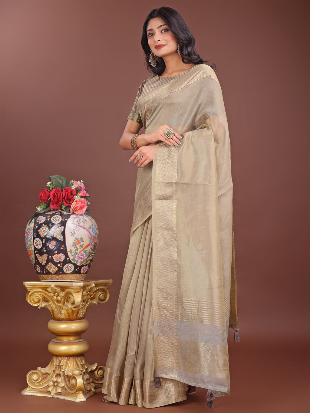 Shree Shyam Fashion Elegant Beige Linen Saree with Golden Zari Border & Rich Pallu | Soft Drape | Festive & Office Wear