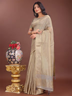 Shree Shyam Fashion Elegant Beige Linen Saree with Golden Zari Border & Rich Pallu | Soft Drape | Festive & Office Wear