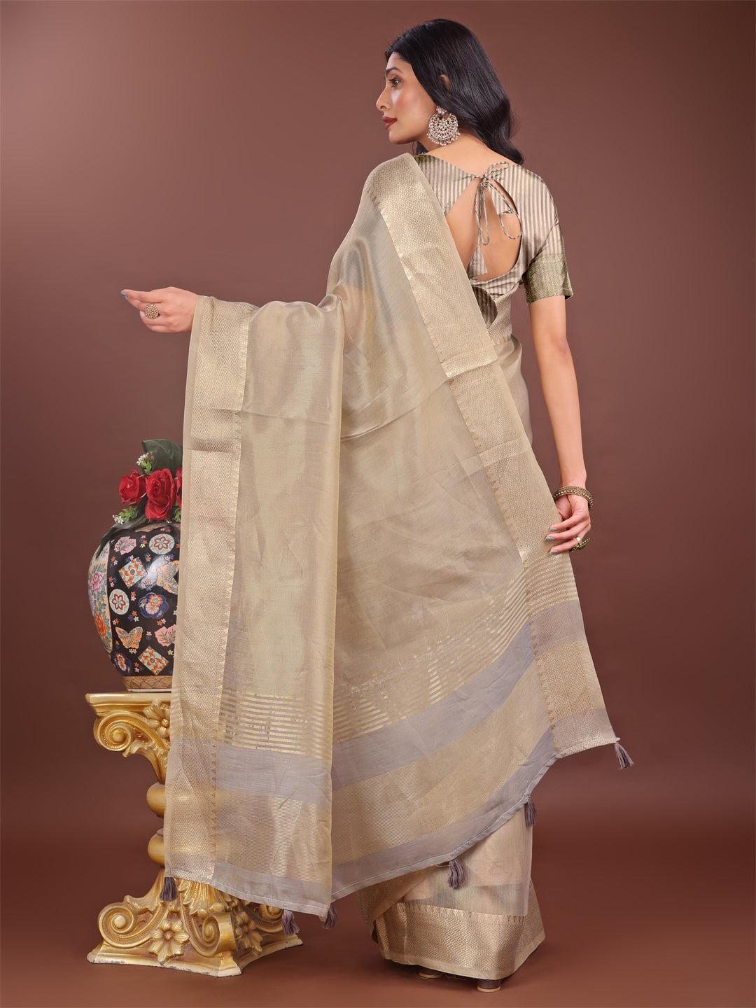 Shree Shyam Fashion Elegant Beige Linen Saree with Golden Zari Border & Rich Pallu | Soft Drape | Festive & Office Wear