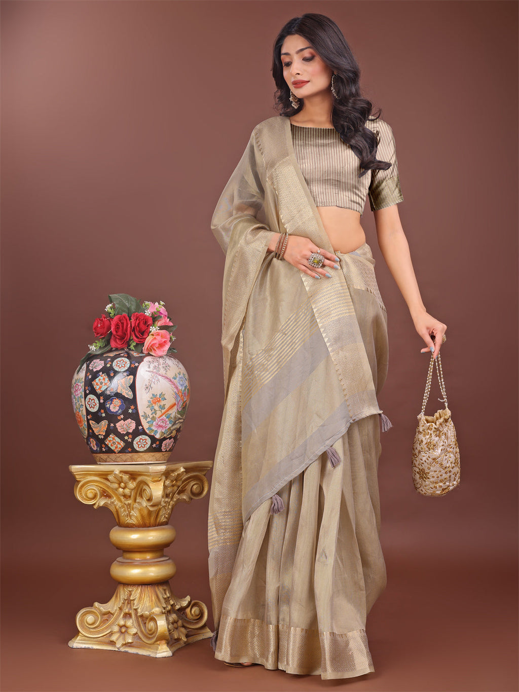 Shree Shyam Fashion Elegant Beige Linen Saree with Golden Zari Border & Rich Pallu | Soft Drape | Festive & Office Wear