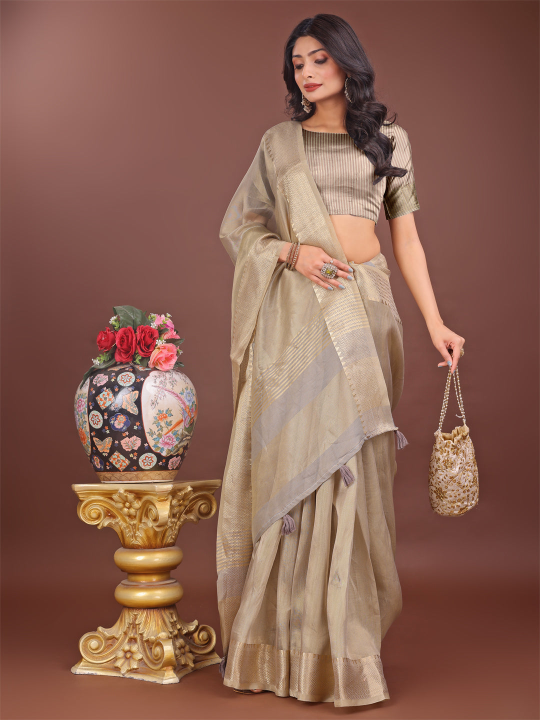 Shree Shyam Fashion Elegant Beige Linen Saree with Golden Zari Border & Rich Pallu | Soft Drape | Festive & Office Wear