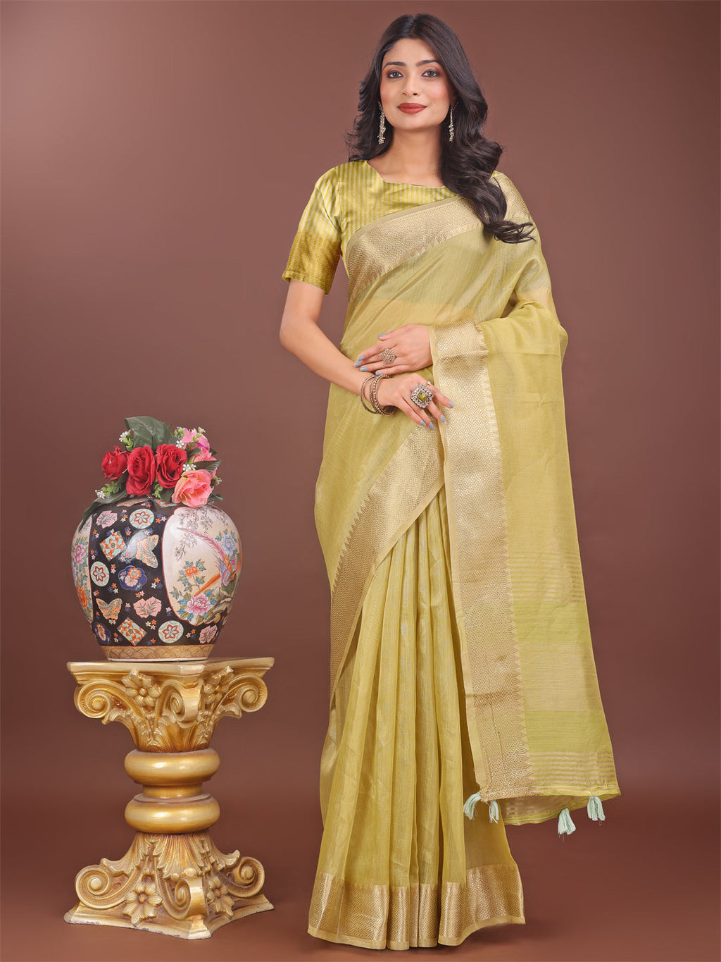 Shree Shyam Fashion Elegant Mehndi Green Linen Saree with Golden Zari Border & Rich Pallu | Soft Drape | Festive & Office Wear