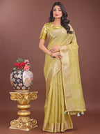 Shree Shyam Fashion Elegant Mehndi Green Linen Saree with Golden Zari Border & Rich Pallu | Soft Drape | Festive & Office Wear