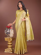 Shree Shyam Fashion Elegant Mehndi Green Linen Saree with Golden Zari Border & Rich Pallu | Soft Drape | Festive & Office Wear
