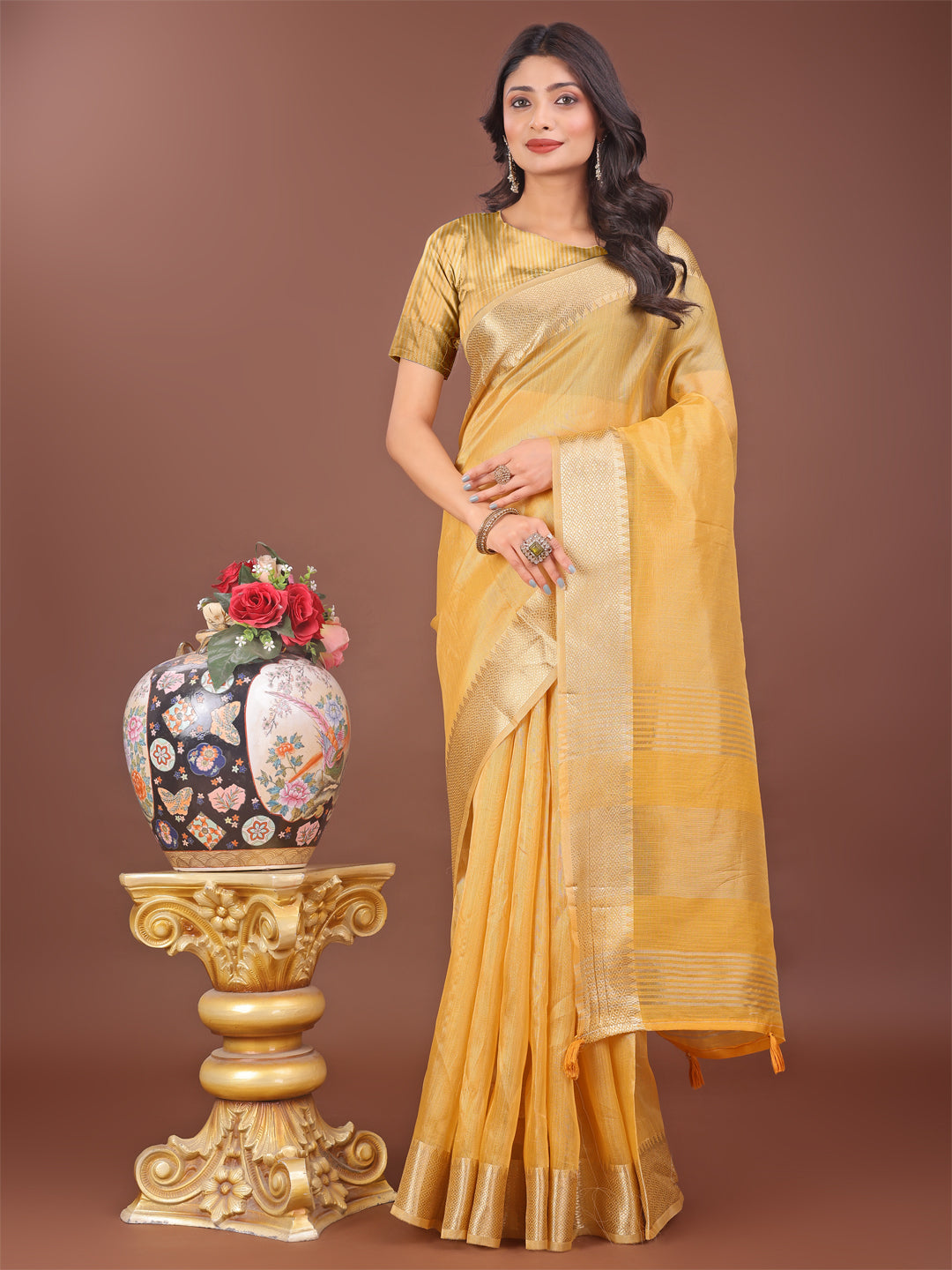 Shree Shyam Fashion Elegant Yellow Linen Saree with Golden Zari Border & Rich Pallu | Soft Drape | Festive & Office Wear