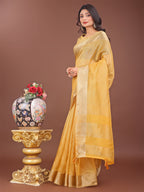 Shree Shyam Fashion Elegant Yellow Linen Saree with Golden Zari Border & Rich Pallu | Soft Drape | Festive & Office Wear