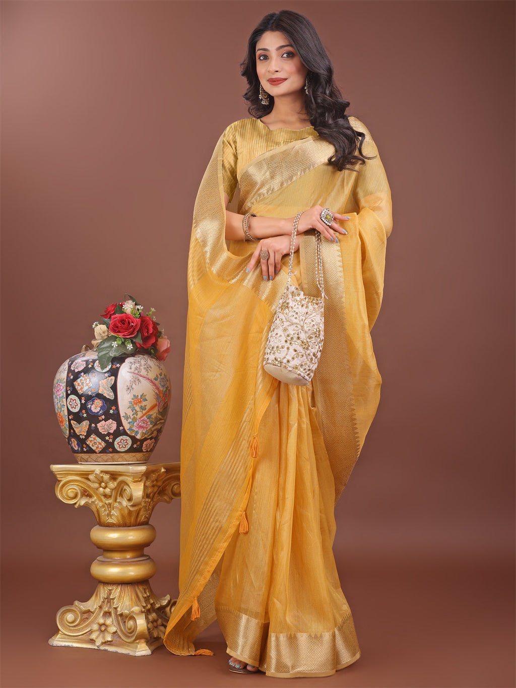 Shree Shyam Fashion Elegant Yellow Linen Saree with Golden Zari Border & Rich Pallu | Soft Drape | Festive & Office Wear