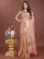 Shree Shyam Fashion Elegant Peach Linen Saree with Golden Zari Border & Rich Pallu | Soft Drape | Festive & Office Wear