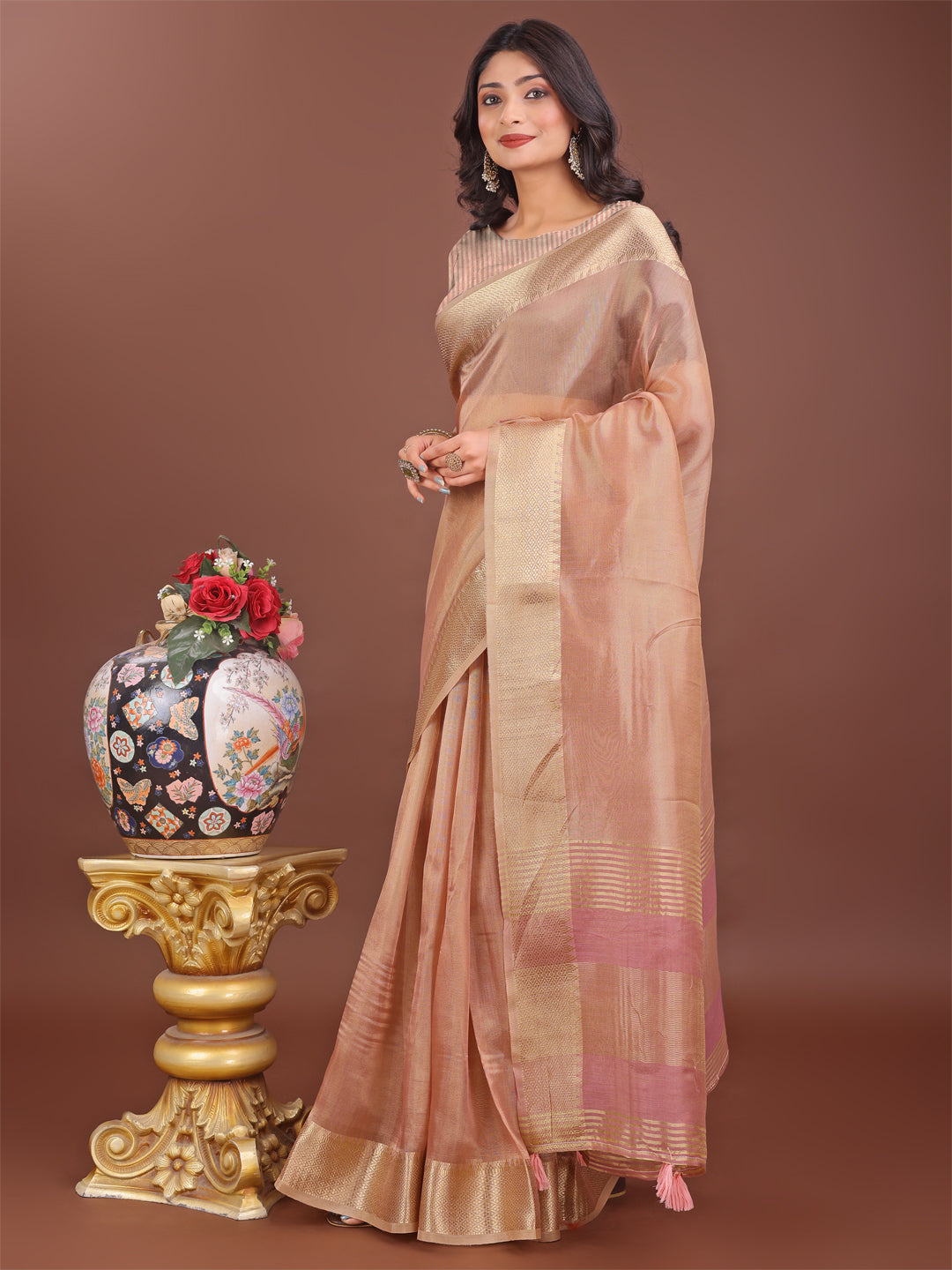 Shree Shyam Fashion Elegant Peach Linen Saree with Golden Zari Border & Rich Pallu | Soft Drape | Festive & Office Wear