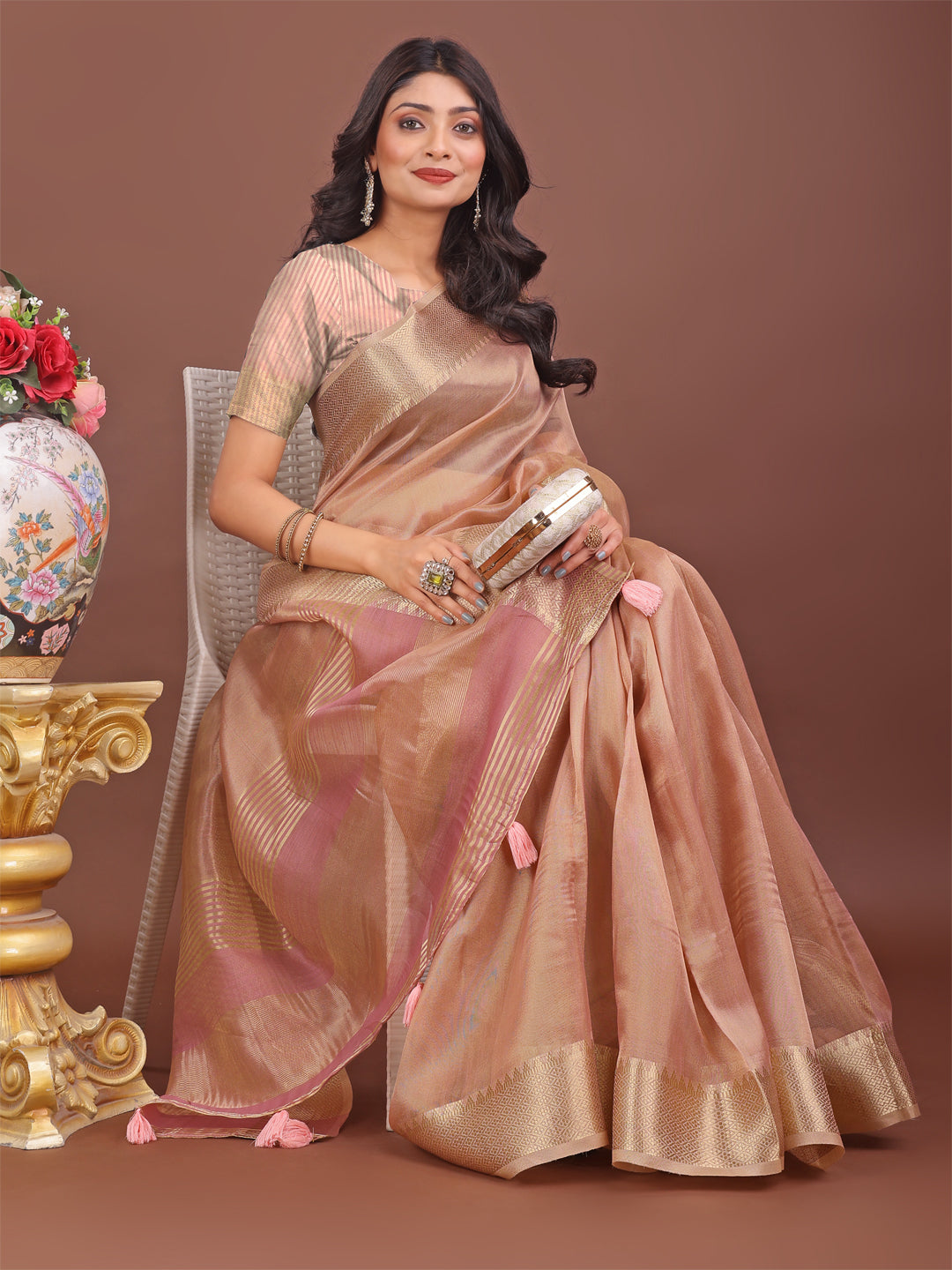 Shree Shyam Fashion Elegant Peach Linen Saree with Golden Zari Border & Rich Pallu | Soft Drape | Festive & Office Wear