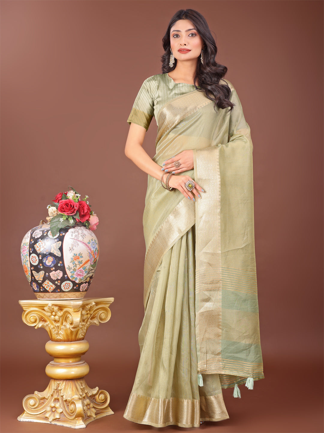 Shree Shyam Fashion Elegant Light Green Linen Saree with Golden Zari Border & Rich Pallu | Soft Drape | Festive & Office Wear