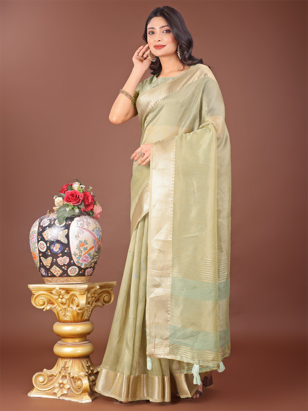 Shree Shyam Fashion Elegant Light Green Linen Saree with Golden Zari Border & Rich Pallu | Soft Drape | Festive & Office Wear