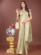 Shree Shyam Fashion Elegant Light Green Linen Saree with Golden Zari Border & Rich Pallu | Soft Drape | Festive & Office Wear