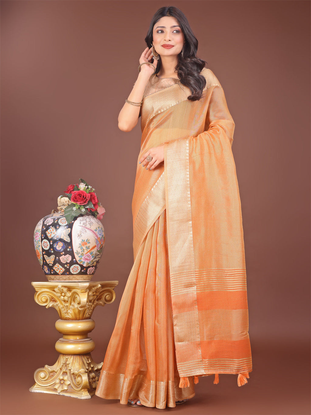 Shree Shyam Fashion Elegant Orange Linen Saree with Golden Zari Border & Rich Pallu | Soft Drape | Festive & Office Wear