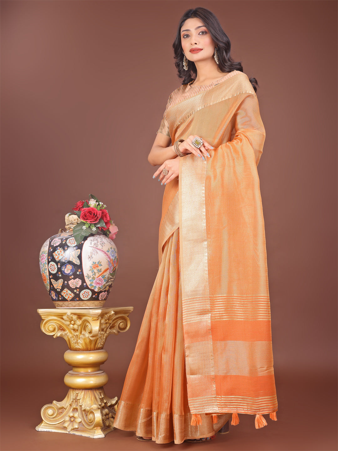 Shree Shyam Fashion Elegant Orange Linen Saree with Golden Zari Border & Rich Pallu | Soft Drape | Festive & Office Wear