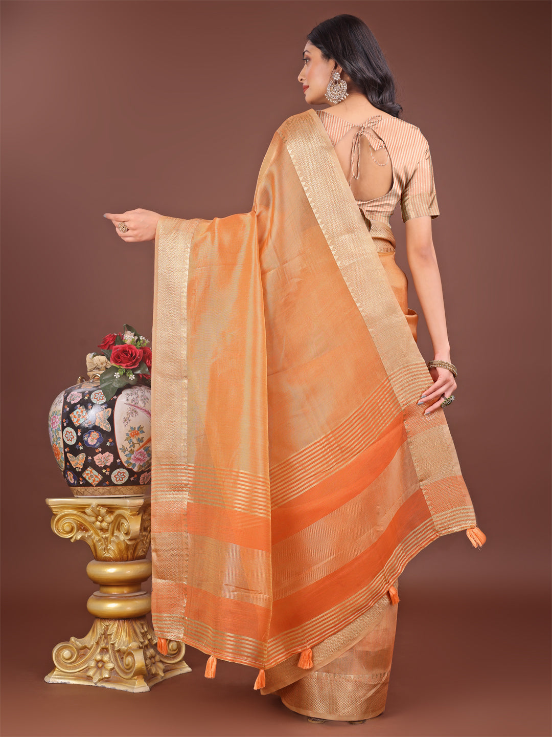 Shree Shyam Fashion Elegant Orange Linen Saree with Golden Zari Border & Rich Pallu | Soft Drape | Festive & Office Wear