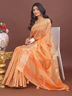 Shree Shyam Fashion Elegant Orange Linen Saree with Golden Zari Border & Rich Pallu | Soft Drape | Festive & Office Wear