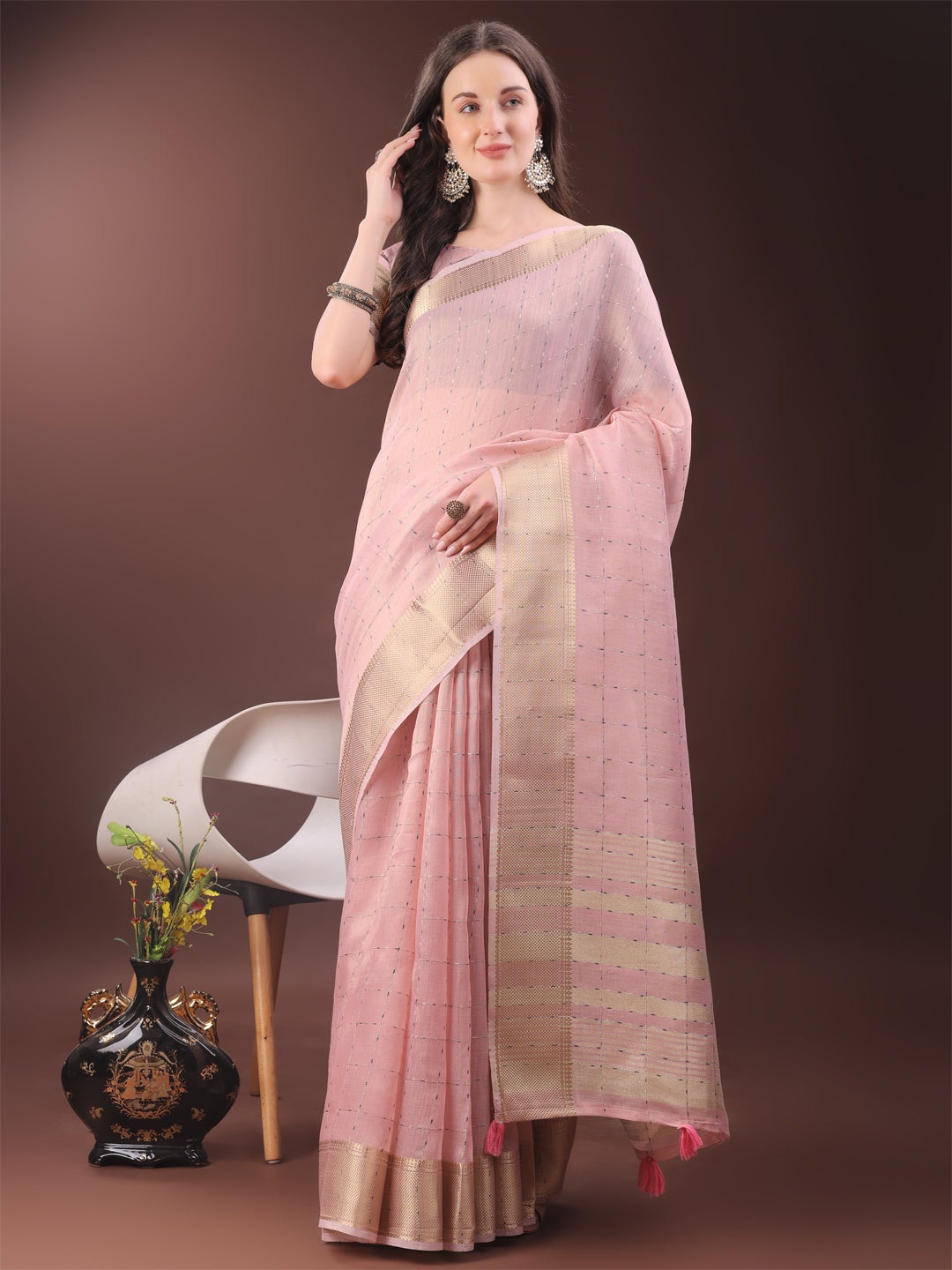 Shree Shyam Fashion Elegant Light Pink Organza Saree with Golden Zari Border & Designer Tassels | Lightweight Partywear Saree