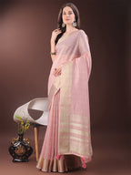 Shree Shyam Fashion Elegant Light Pink Organza Saree with Golden Zari Border & Designer Tassels | Lightweight Partywear Saree