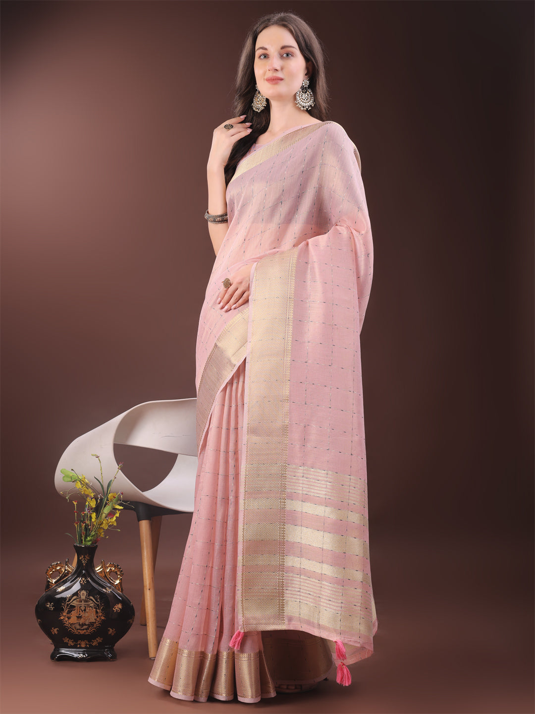 Shree Shyam Fashion Elegant Light Pink Organza Saree with Golden Zari Border & Designer Tassels | Lightweight Partywear Saree