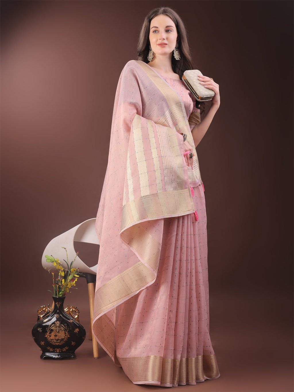 Shree Shyam Fashion Elegant Light Pink Organza Saree with Golden Zari Border & Designer Tassels | Lightweight Partywear Saree