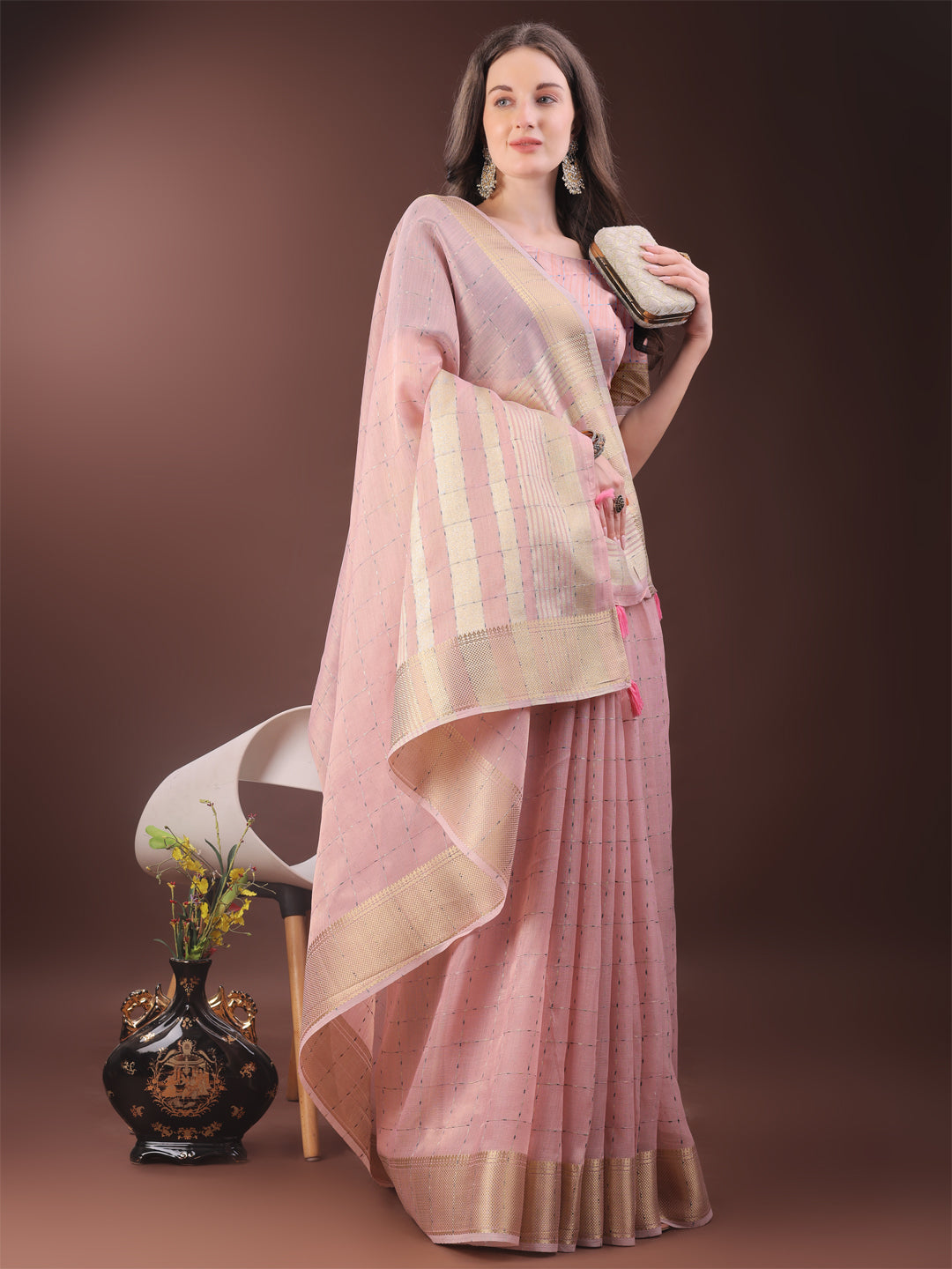 Shree Shyam Fashion Elegant Light Pink Organza Saree with Golden Zari Border & Designer Tassels | Lightweight Partywear Saree