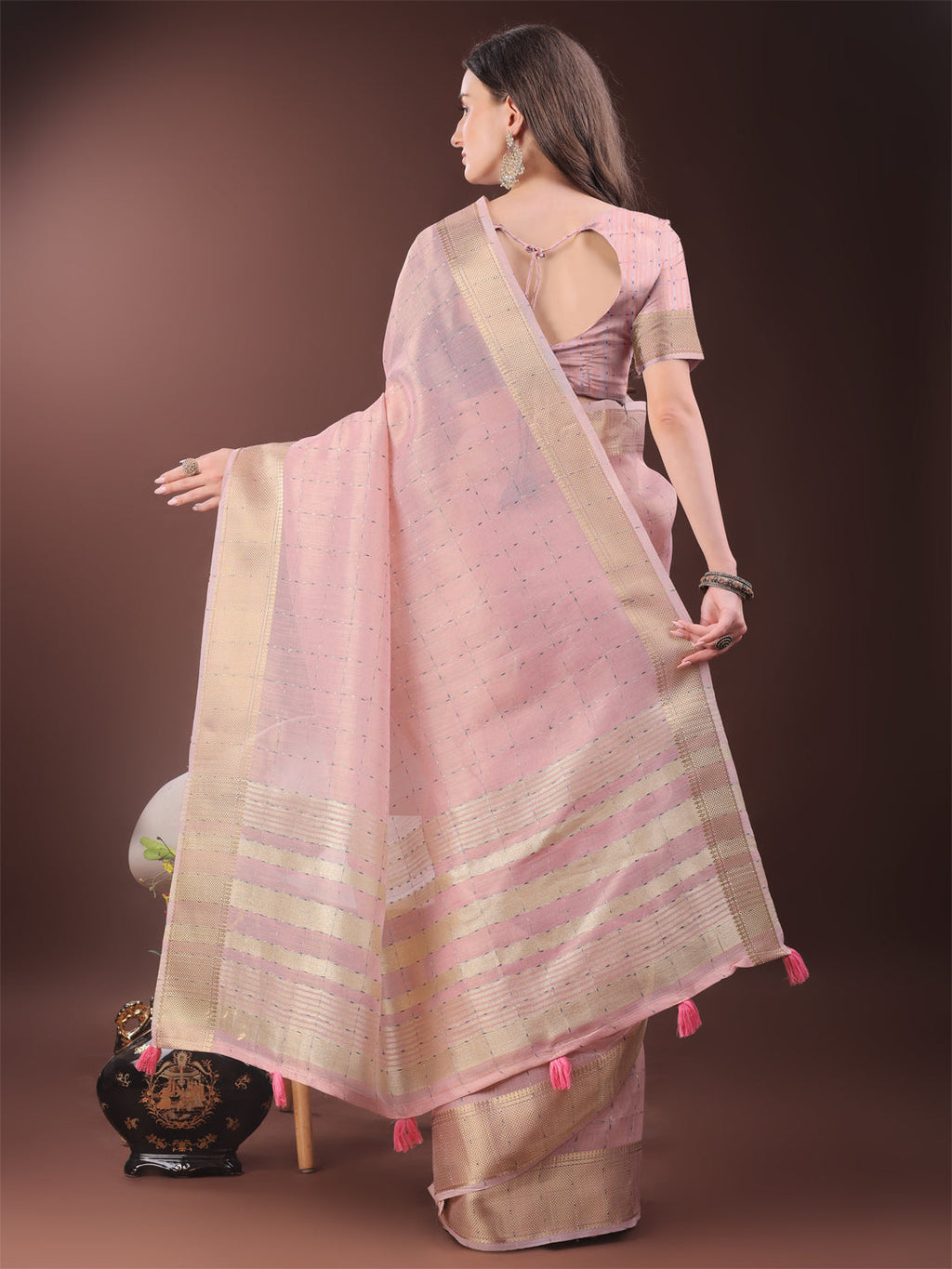 Shree Shyam Fashion Elegant Light Pink Organza Saree with Golden Zari Border & Designer Tassels | Lightweight Partywear Saree