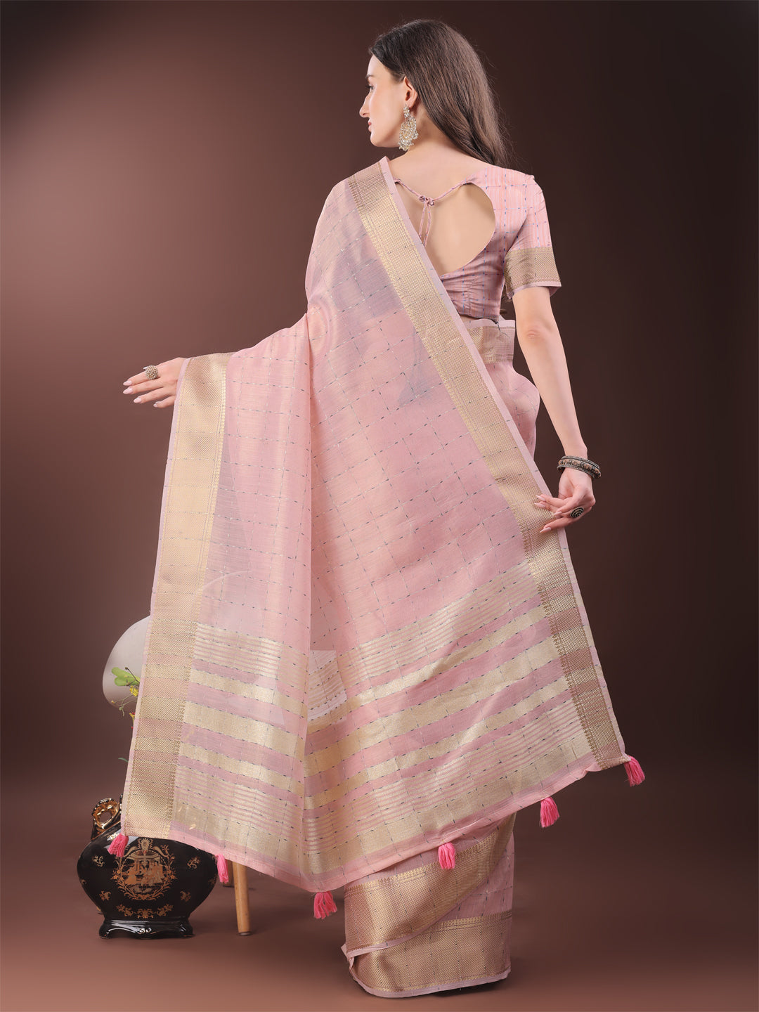 Shree Shyam Fashion Elegant Light Pink Organza Saree with Golden Zari Border & Designer Tassels | Lightweight Partywear Saree