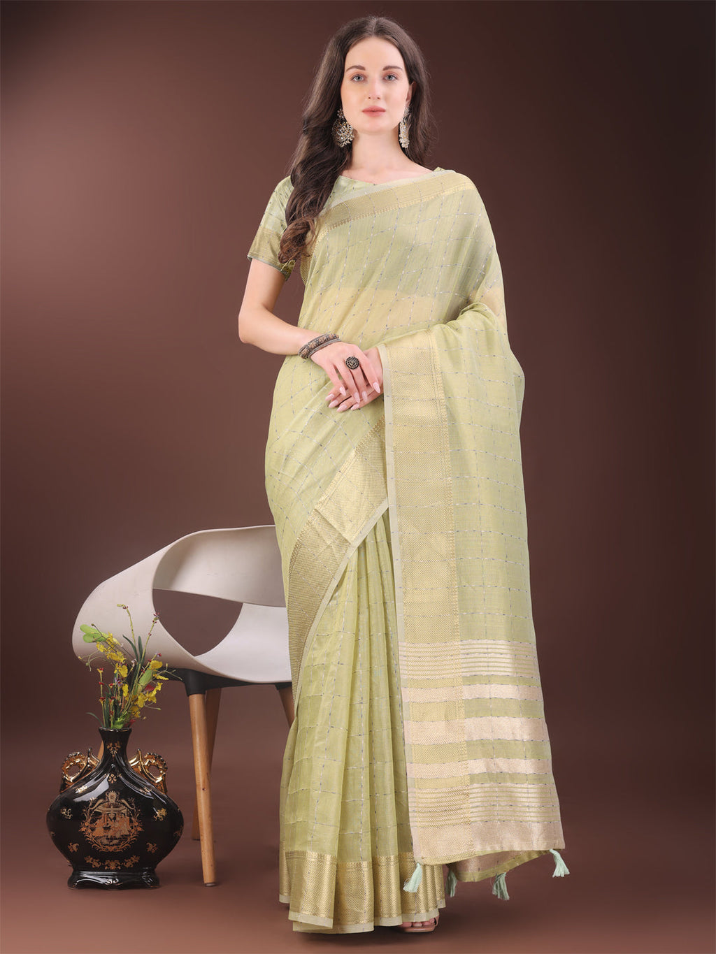 Shree Shyam Fashion Elegant Light Green Organza Saree with Golden Zari Border & Designer Tassels | Lightweight Partywear Saree