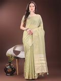 Shree Shyam Fashion Elegant Light Green Organza Saree with Golden Zari Border & Designer Tassels | Lightweight Partywear Saree