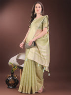 Shree Shyam Fashion Elegant Light Green Organza Saree with Golden Zari Border & Designer Tassels | Lightweight Partywear Saree