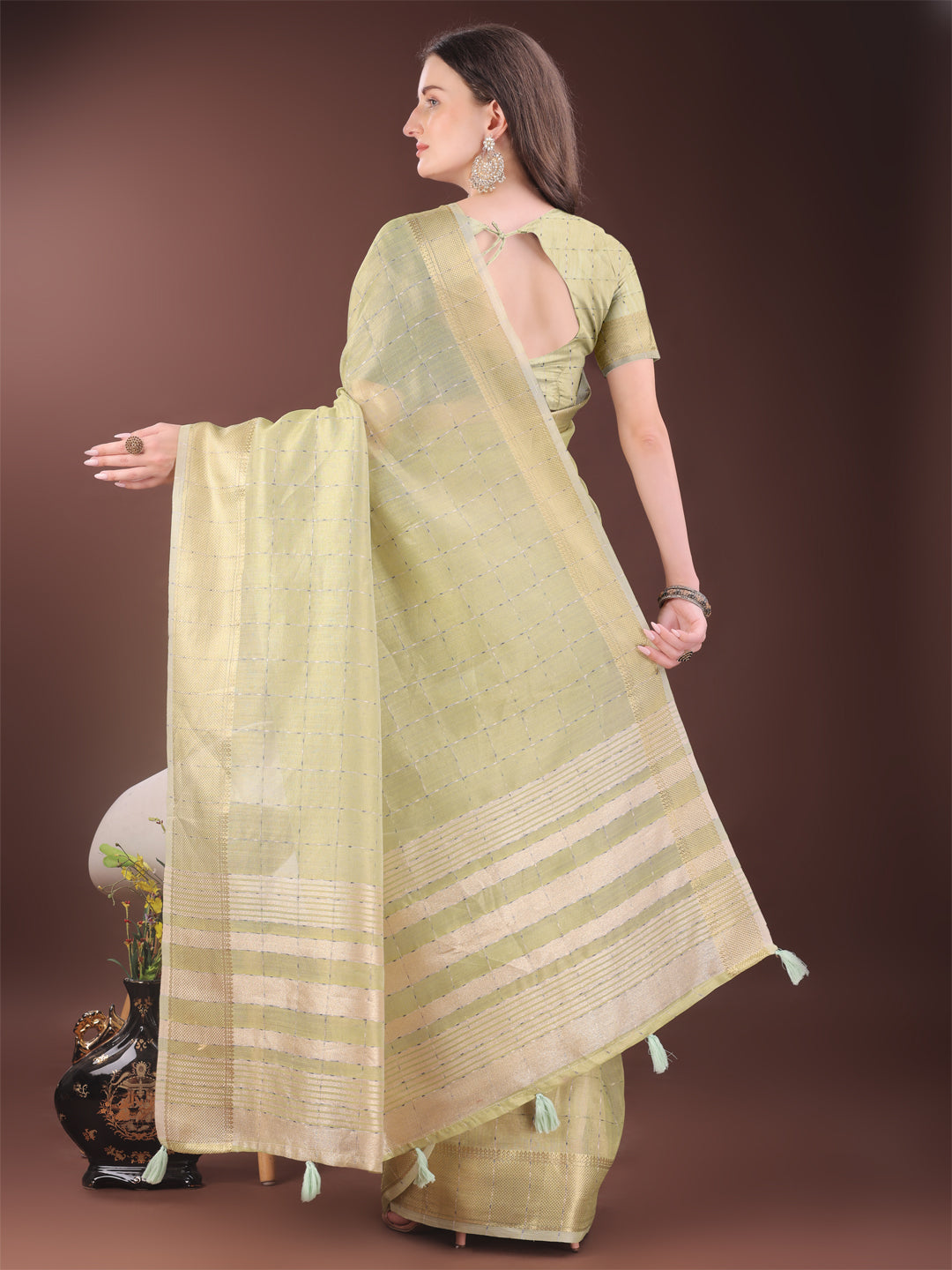 Shree Shyam Fashion Elegant Light Green Organza Saree with Golden Zari Border & Designer Tassels | Lightweight Partywear Saree