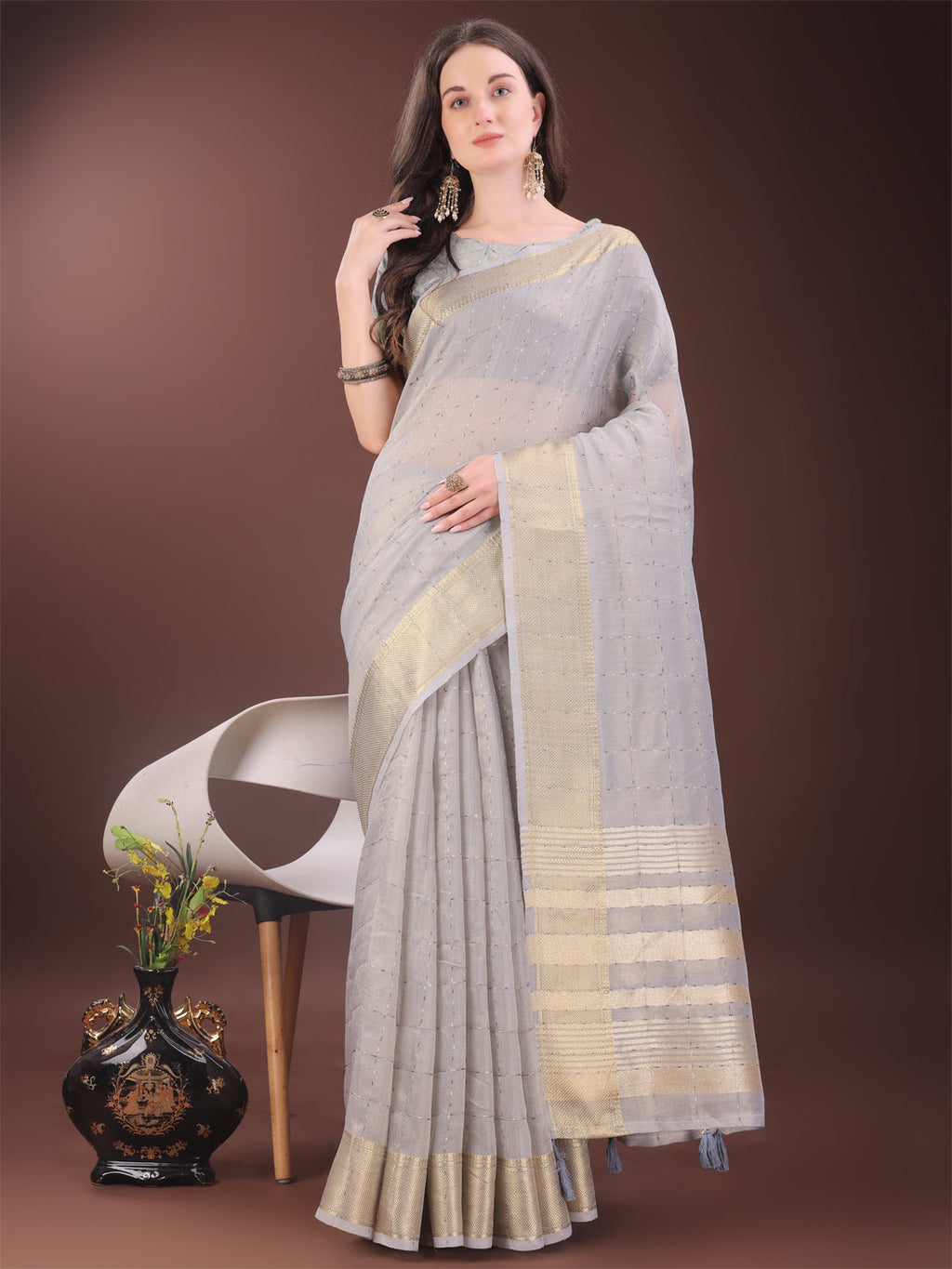 Shree Shyam Fashion Elegant Grey Organza Saree with Golden Zari Border & Designer Tassels | Lightweight Partywear Saree