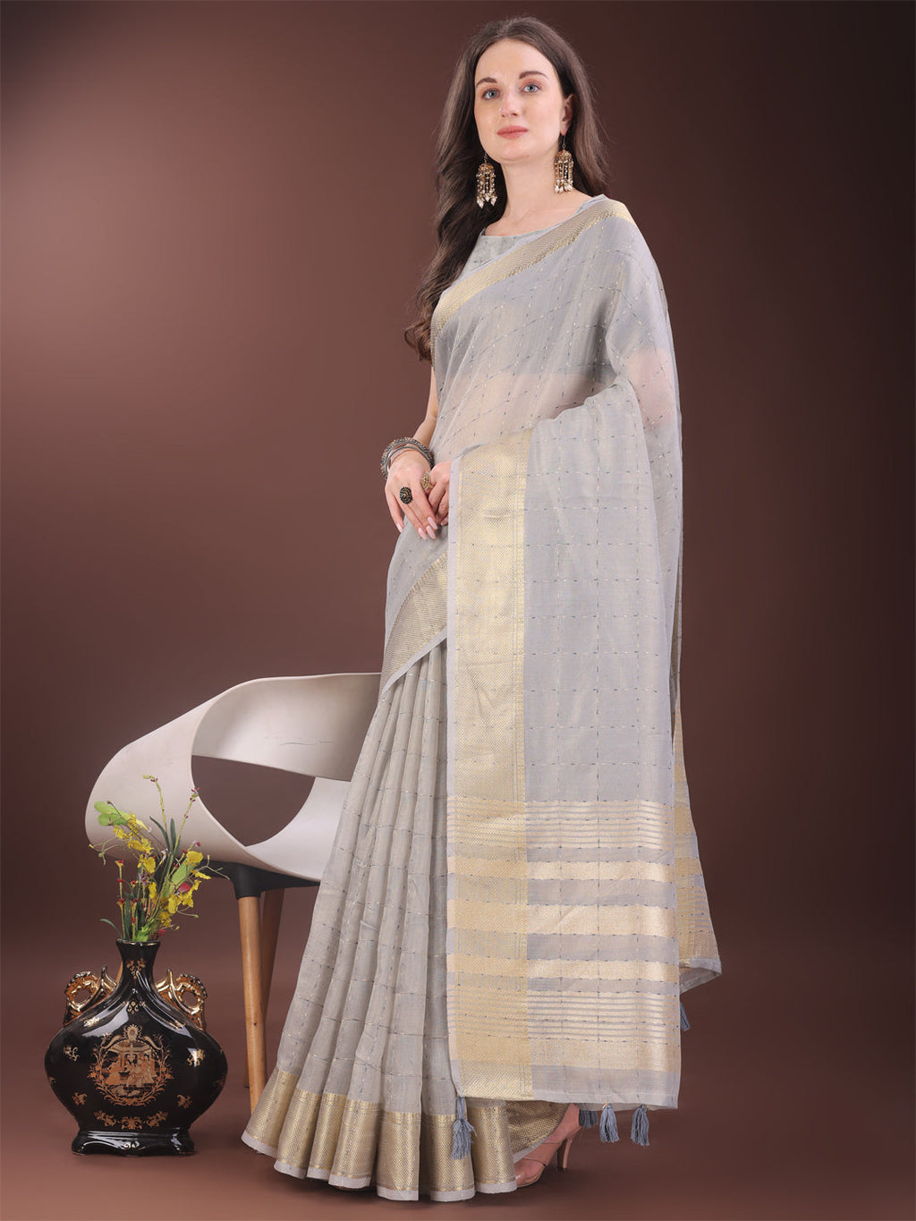 Shree Shyam Fashion Elegant Grey Organza Saree with Golden Zari Border & Designer Tassels | Lightweight Partywear Saree