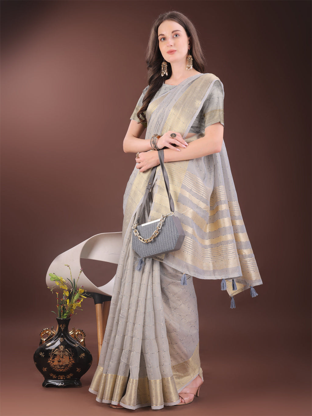 Shree Shyam Fashion Elegant Grey Organza Saree with Golden Zari Border & Designer Tassels | Lightweight Partywear Saree