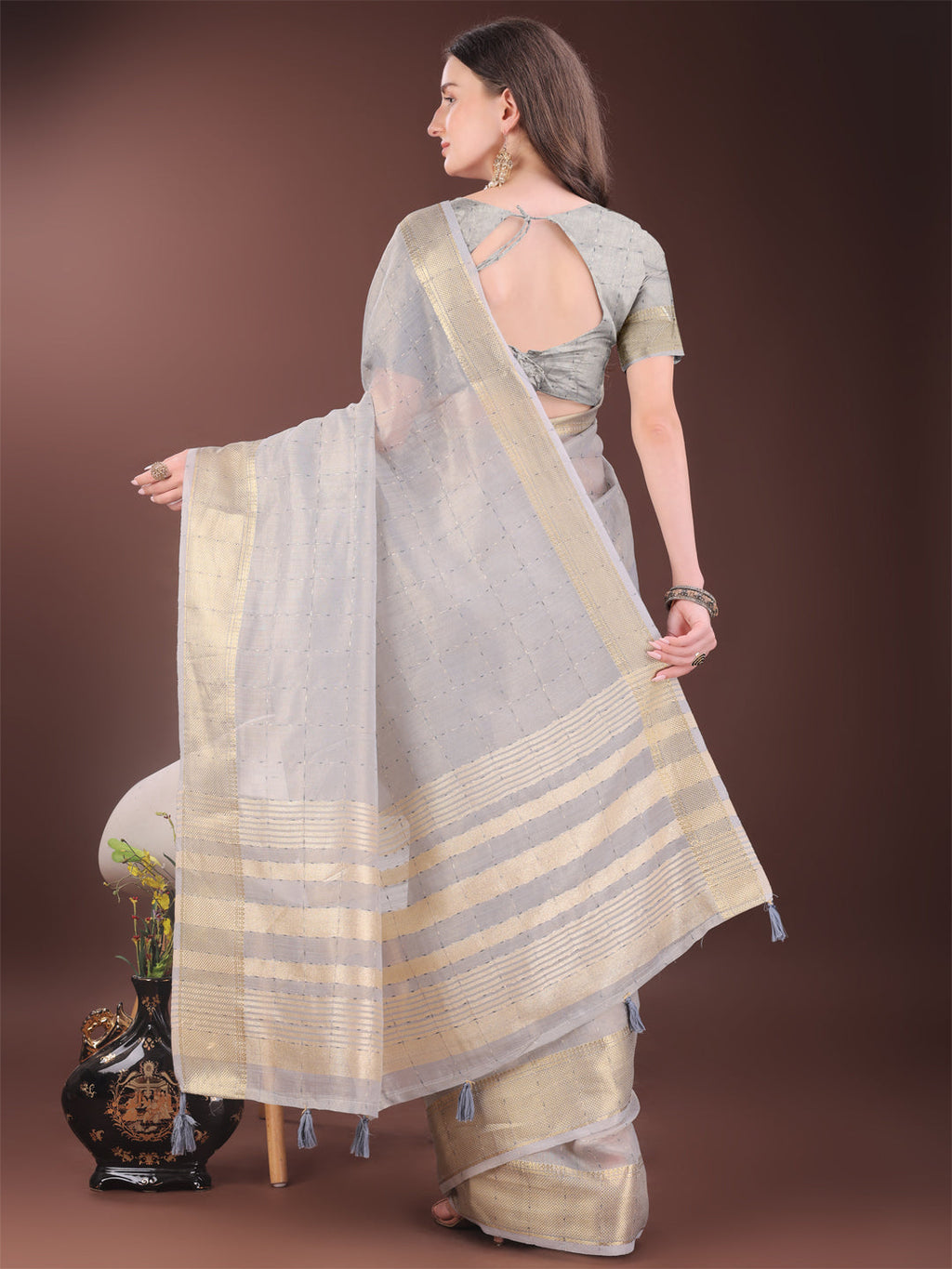 Shree Shyam Fashion Elegant Grey Organza Saree with Golden Zari Border & Designer Tassels | Lightweight Partywear Saree