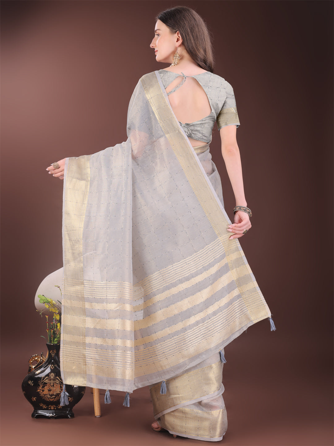 Shree Shyam Fashion Elegant Grey Organza Saree with Golden Zari Border & Designer Tassels | Lightweight Partywear Saree