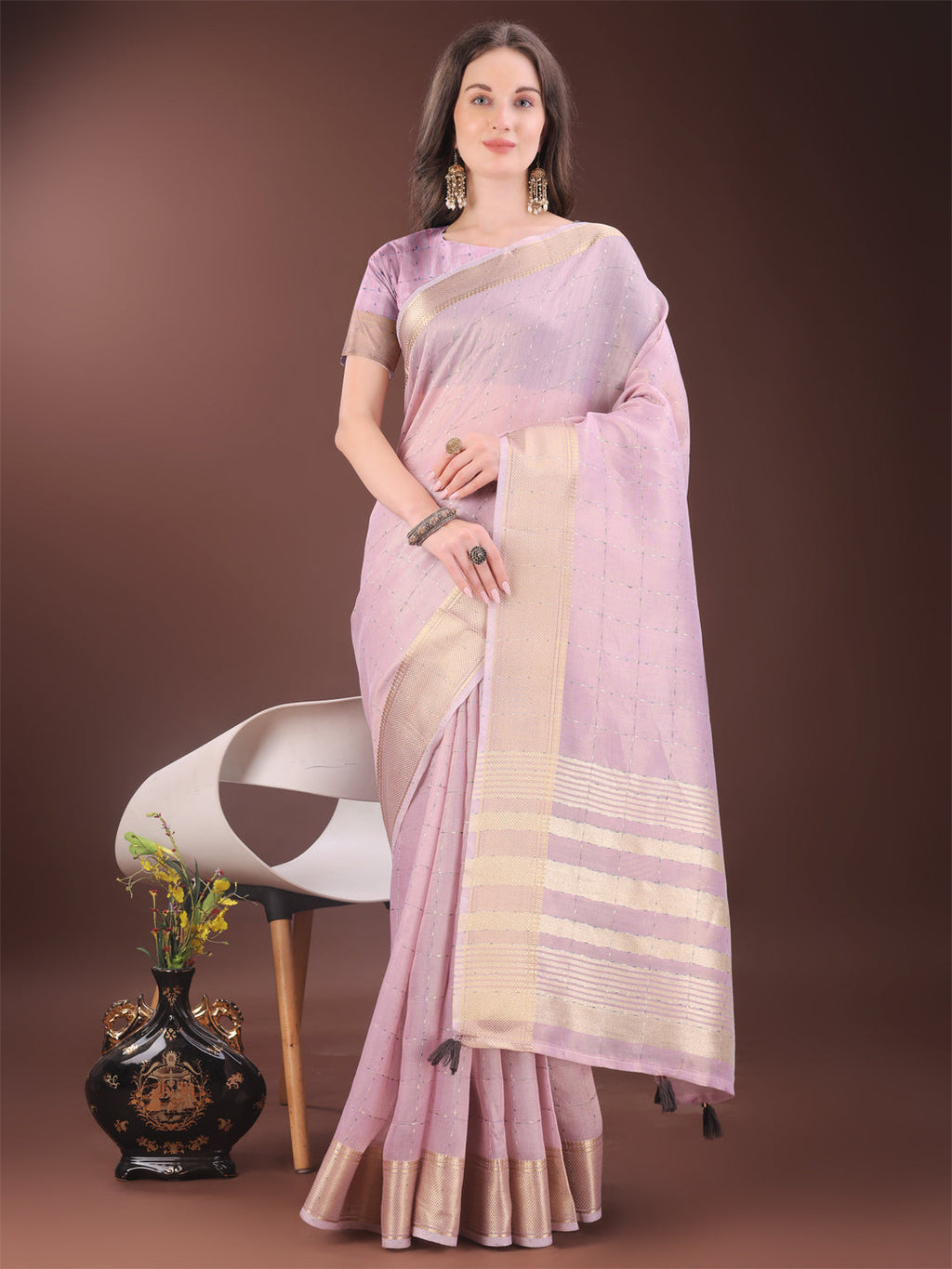 Shree Shyam Fashion Elegant Pink Organza Saree with Golden Zari Border & Designer Tassels | Lightweight Partywear Saree