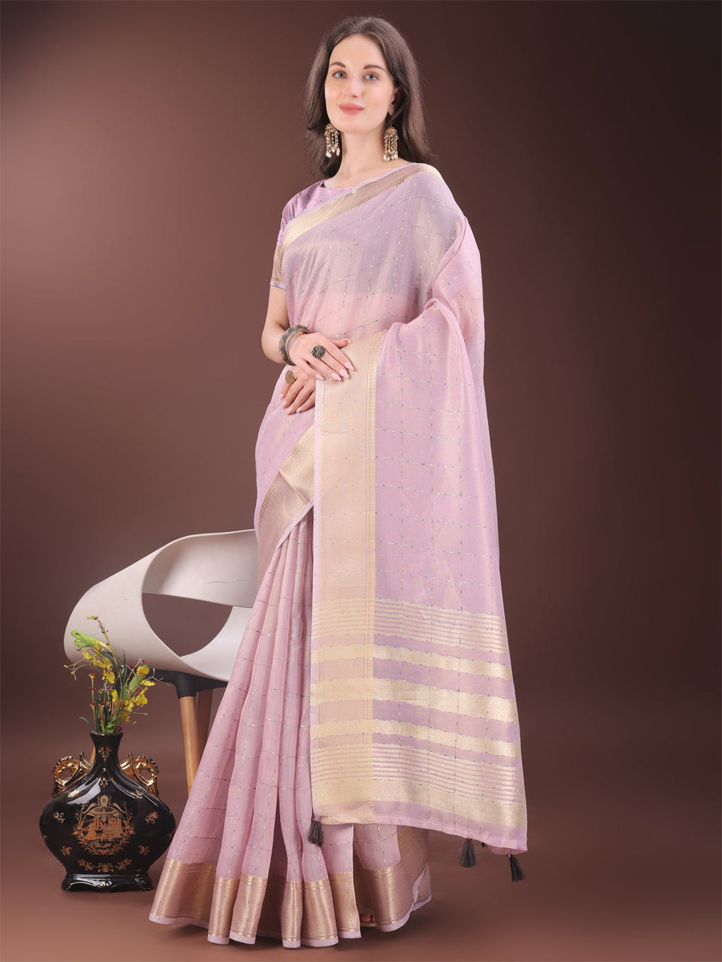 Shree Shyam Fashion Elegant Pink Organza Saree with Golden Zari Border & Designer Tassels | Lightweight Partywear Saree