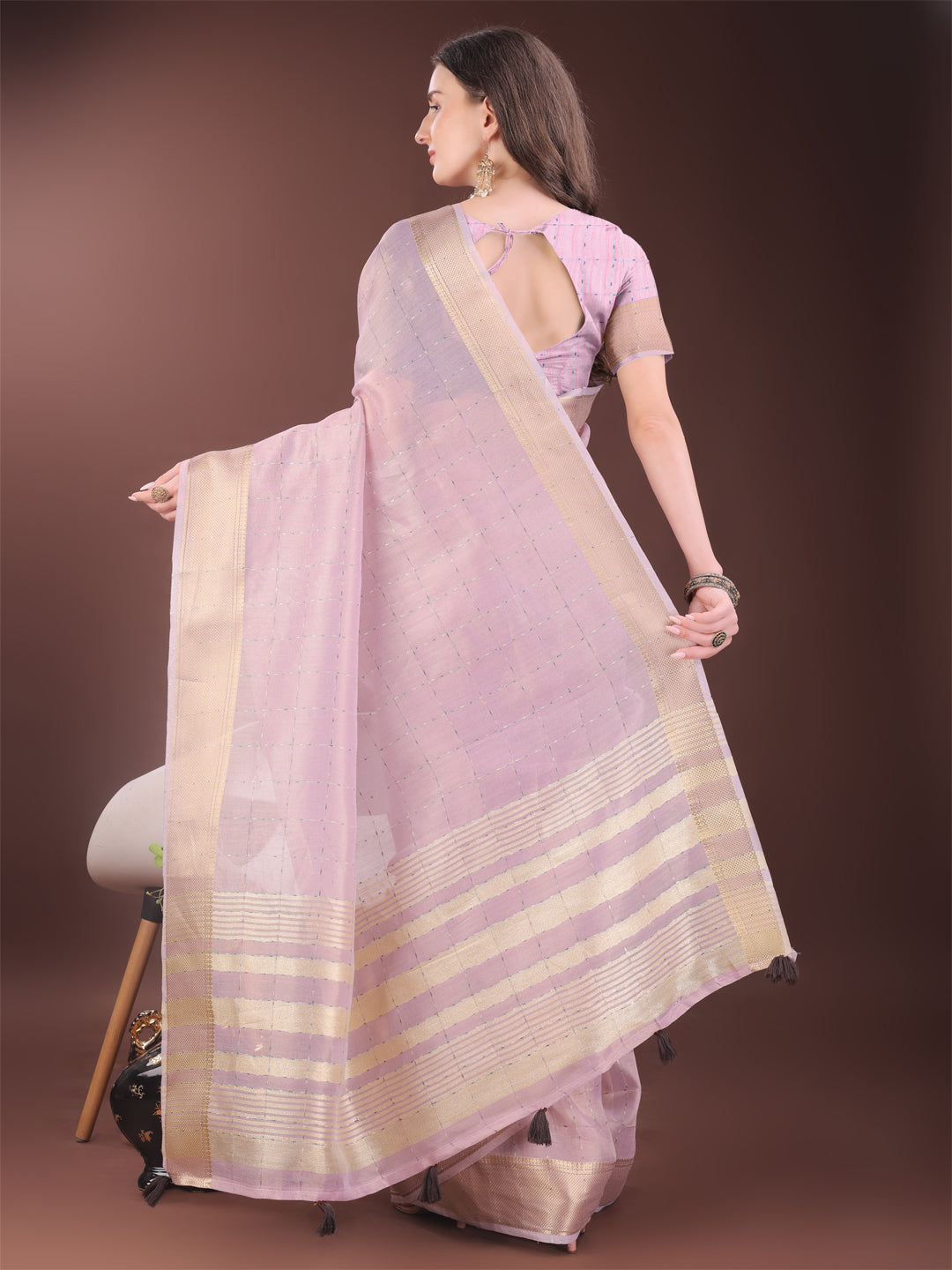 Shree Shyam Fashion Elegant Pink Organza Saree with Golden Zari Border & Designer Tassels | Lightweight Partywear Saree