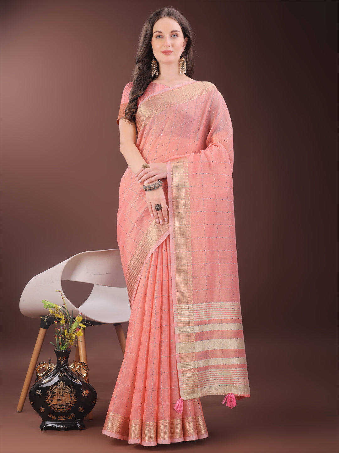 Shree Shyam Fashion Elegant Peach Organza Saree with Golden Zari Border & Designer Tassels | Lightweight Partywear Saree