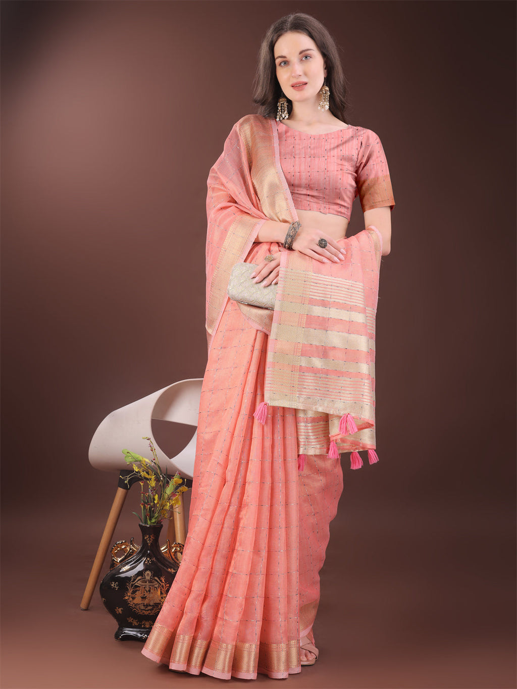 Shree Shyam Fashion Elegant Peach Organza Saree with Golden Zari Border & Designer Tassels | Lightweight Partywear Saree