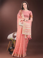 Shree Shyam Fashion Elegant Peach Organza Saree with Golden Zari Border & Designer Tassels | Lightweight Partywear Saree