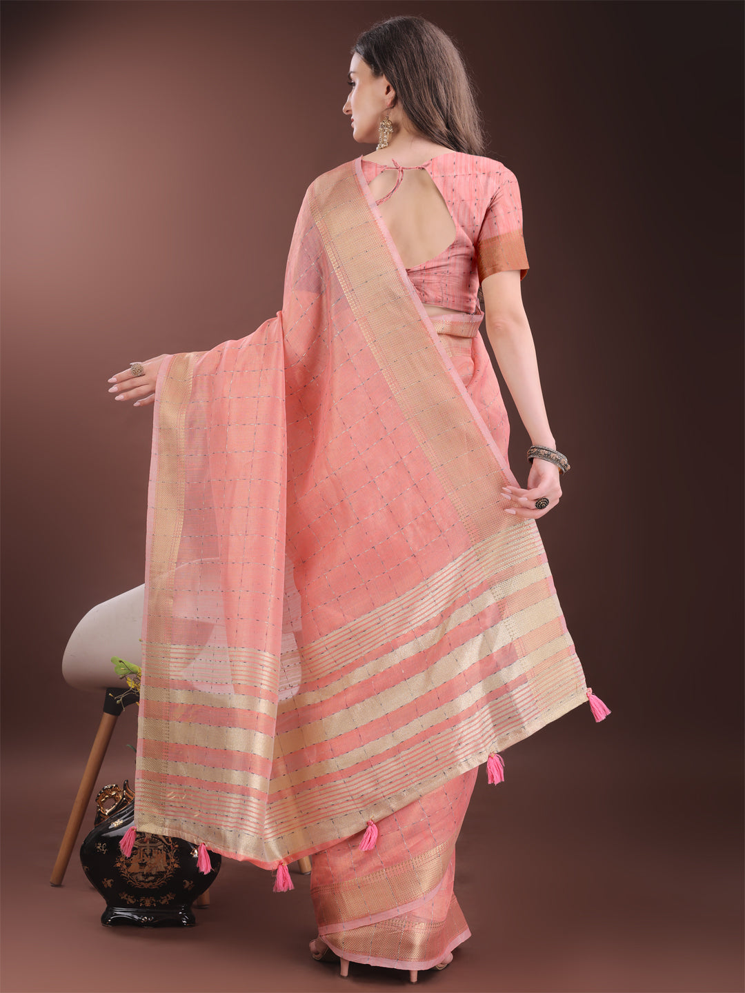 Shree Shyam Fashion Elegant Peach Organza Saree with Golden Zari Border & Designer Tassels | Lightweight Partywear Saree