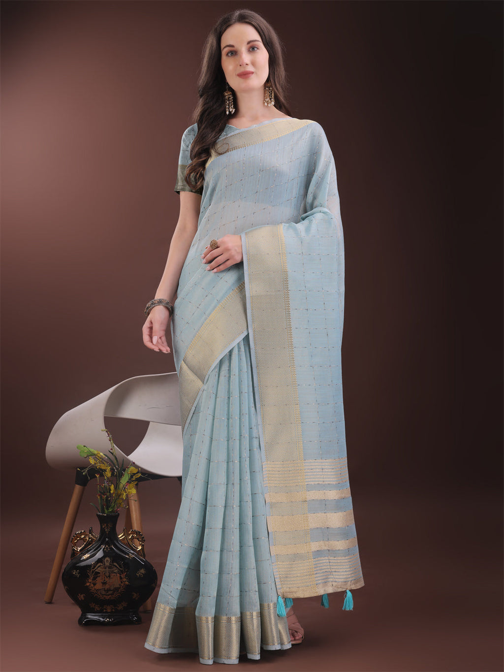 Shree Shyam Fashion Elegant Sky Blue Organza Saree with Golden Zari Border & Designer Tassels | Lightweight Partywear Saree
