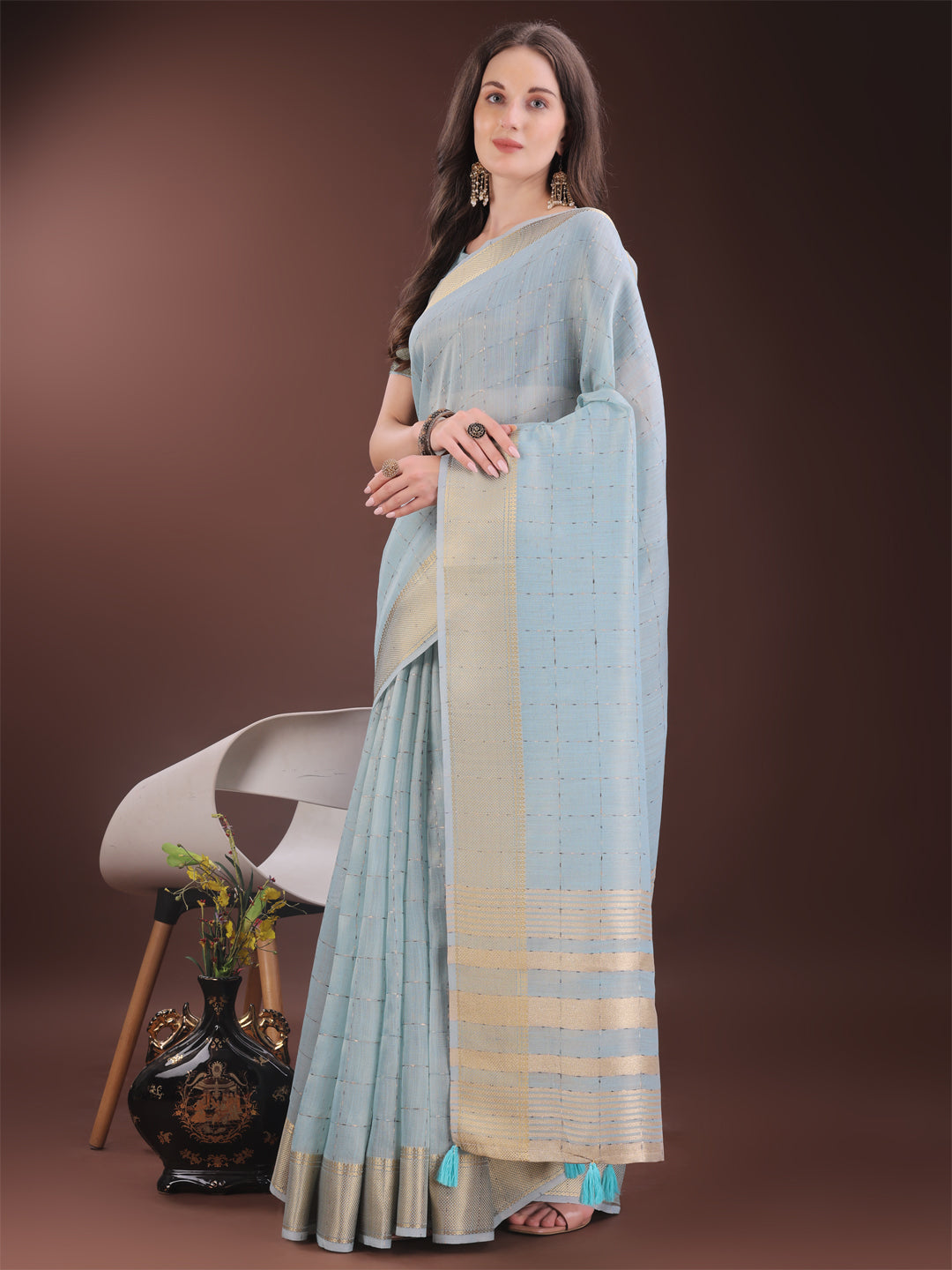 Shree Shyam Fashion Elegant Sky Blue Organza Saree with Golden Zari Border & Designer Tassels | Lightweight Partywear Saree