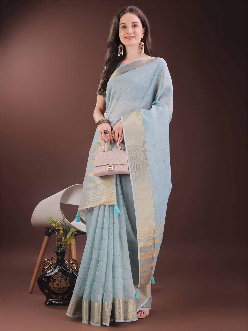 Shree Shyam Fashion Elegant Sky Blue Organza Saree with Golden Zari Border & Designer Tassels | Lightweight Partywear Saree