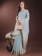 Shree Shyam Fashion Elegant Sky Blue Organza Saree with Golden Zari Border & Designer Tassels | Lightweight Partywear Saree