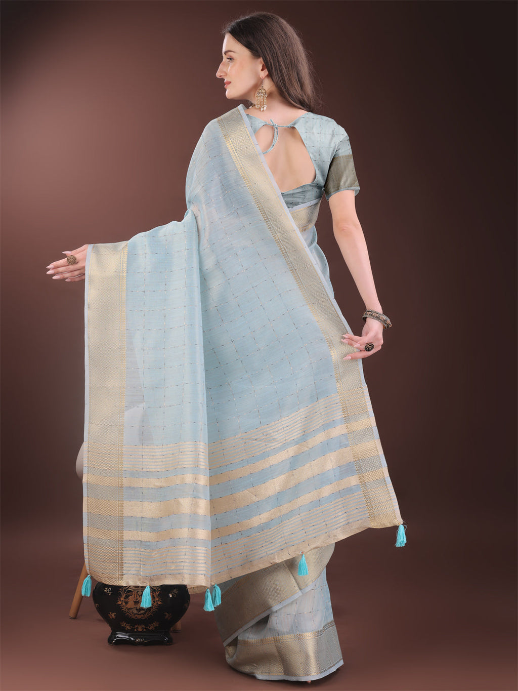 Shree Shyam Fashion Elegant Sky Blue Organza Saree with Golden Zari Border & Designer Tassels | Lightweight Partywear Saree